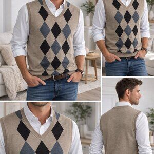 Mens Claiborne Sweater Vest Med Brown Argyle Grandpa Preppy Classic Academia